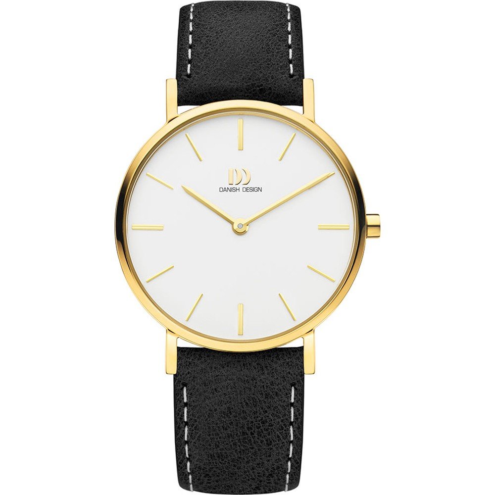 Reloj con esfera blanca, caja dorada y correa de cuero negra con costuras blancas.