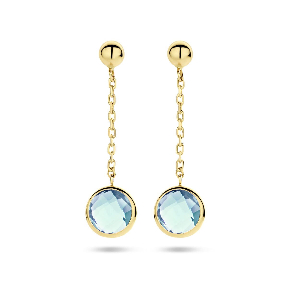 Pendientes largos de topacio en oro amarillo de 14K con cadena y piedras facetadas.