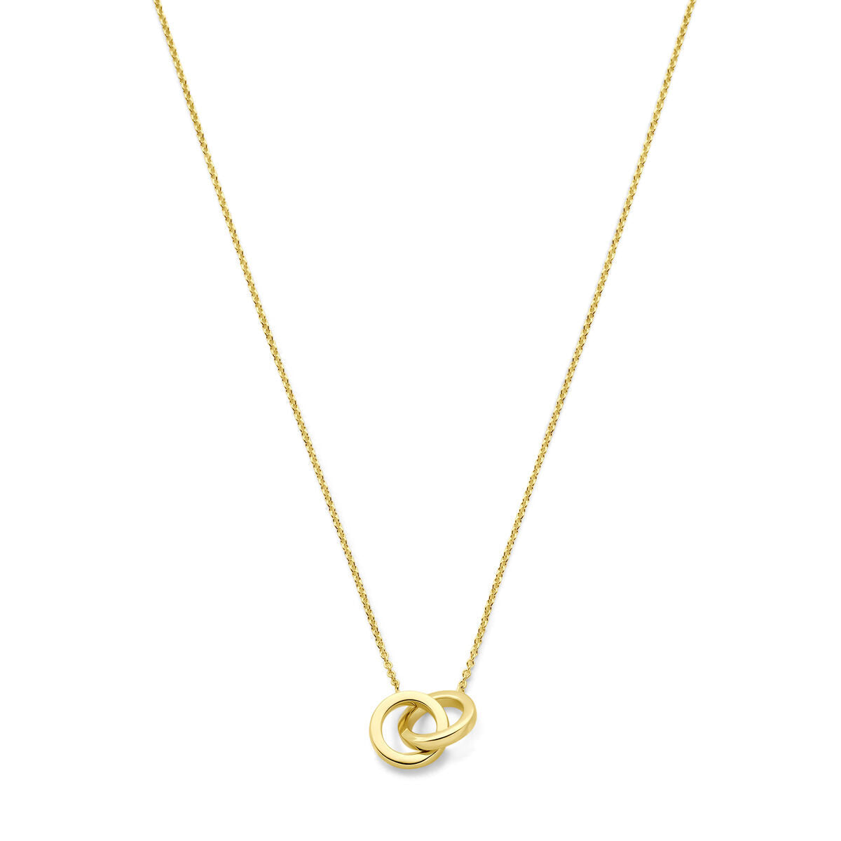 Collar de 14K oro amarillo con dos círculos entrelazados en el colgante.