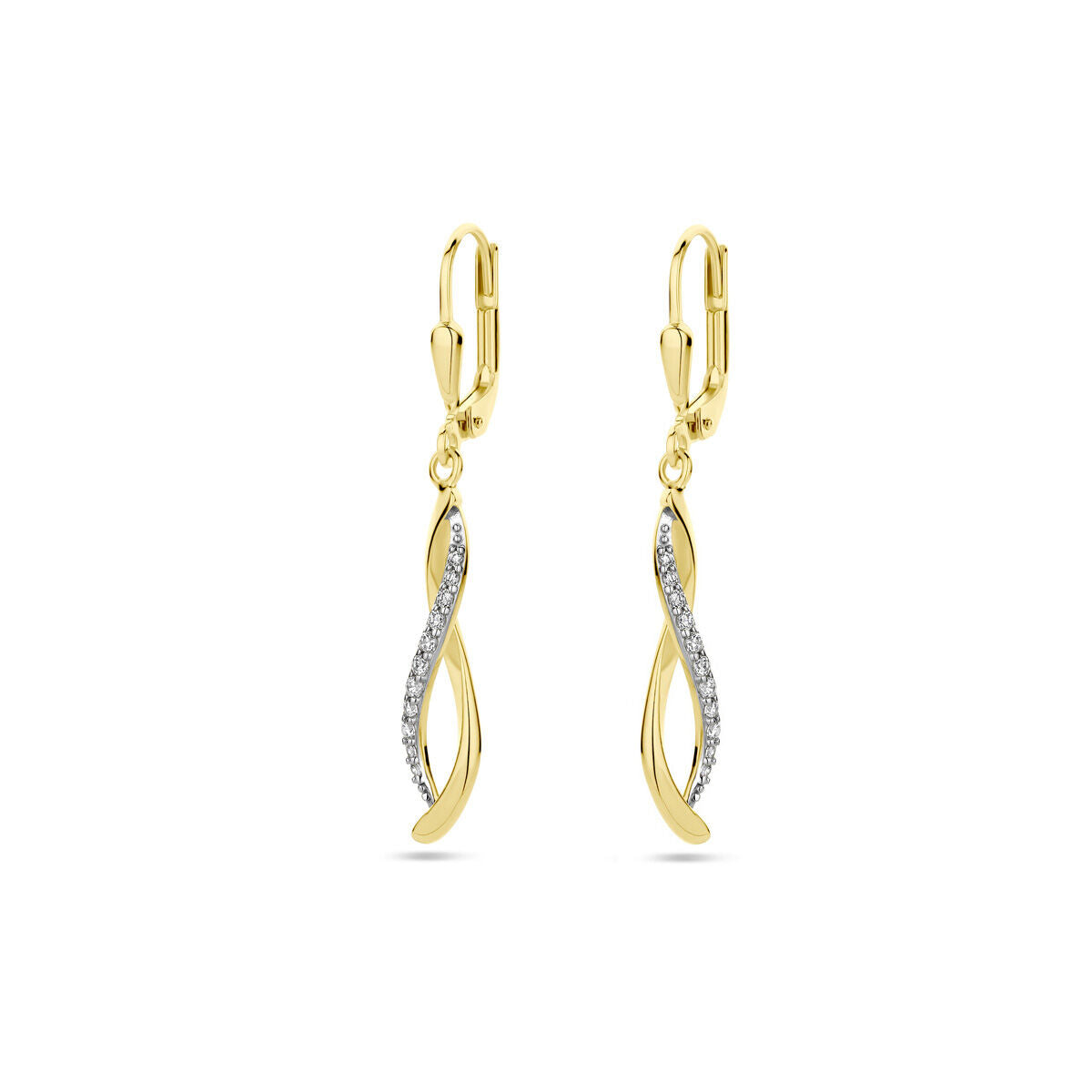 Pendientes largos de zirconia en oro amarillo de 14 quilates con diseño en espiral.