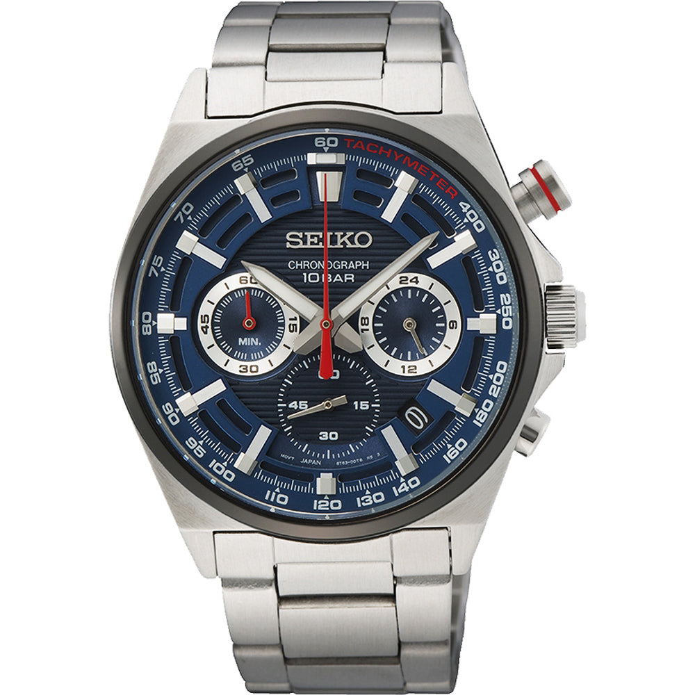 De Seiko herenhorloge SSB407P1 is een chronograaf met een blauwe wijzerplaat, zilverkleurige markeringen, drie sub-dials en een tachymeterschaal. Het heeft een duurzame roestvrij stalen band en beschikt over quartz uurwerk, met Seiko en Chronograph 10 Bar op de wijzerplaat.