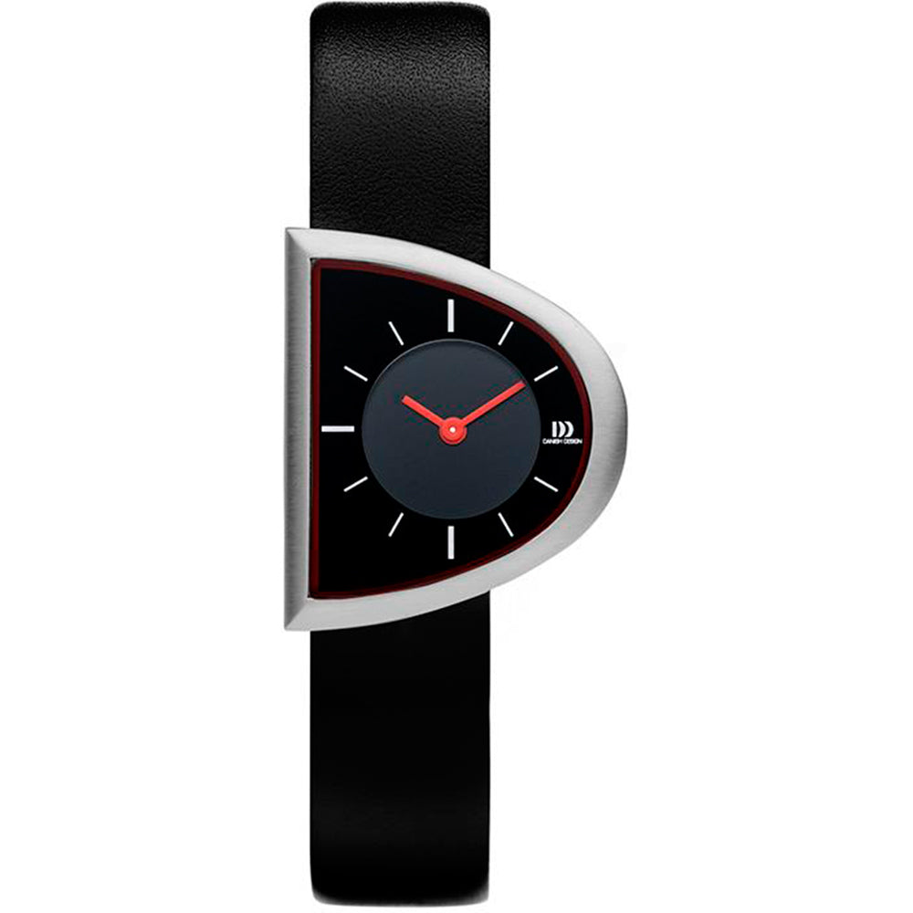 Reloj de dama con esfera negra, correa de piel negra y diseño moderno en forma de triángulo.