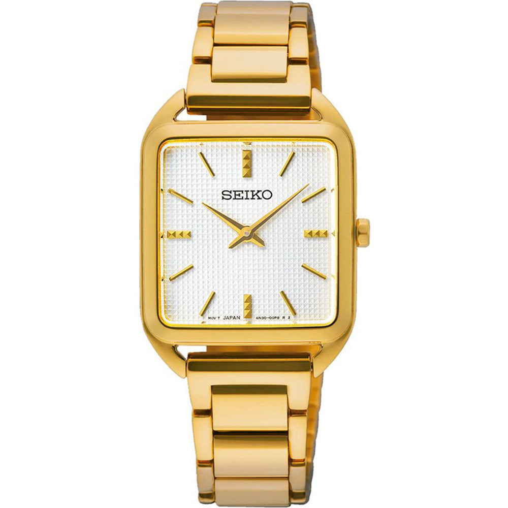 Reloj de mujer Seiko con caja cuadrada dorada, esfera blanca y pulsera de eslabones dorados.