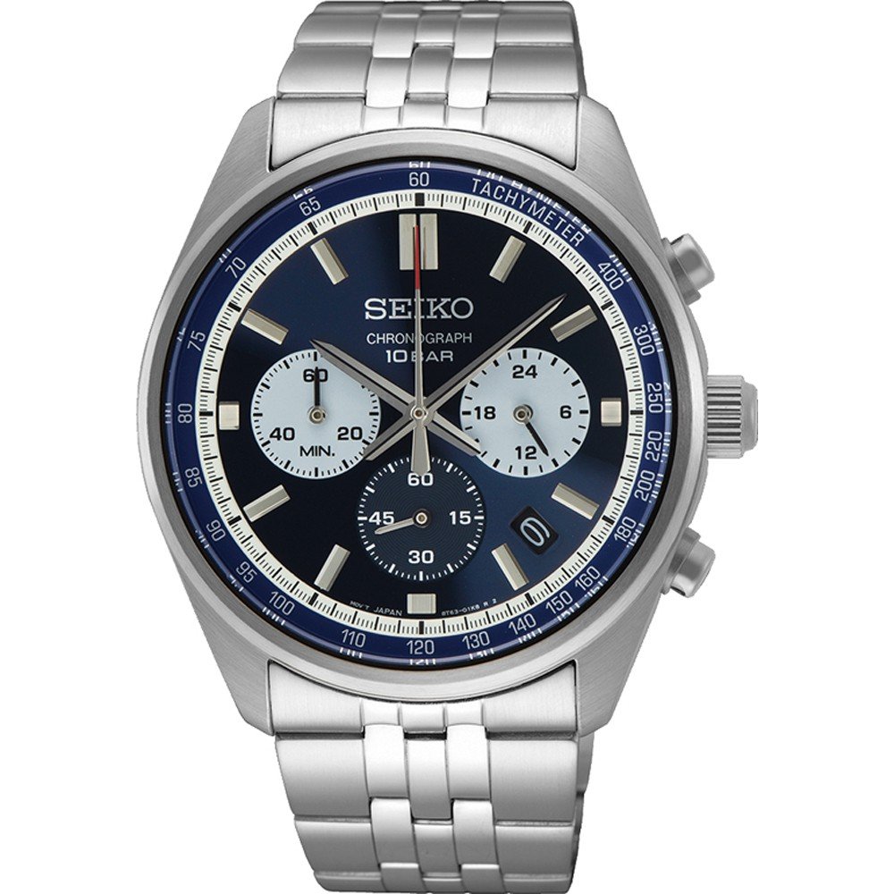 Heren horloge van staal met een blauwe wijzerplaat, chronograaf en zilveren schakelband.