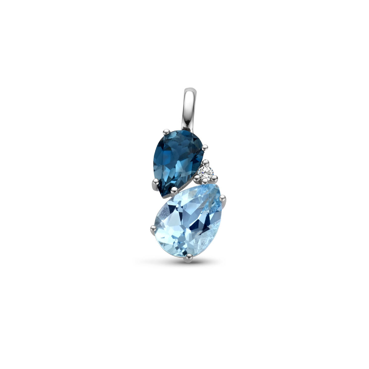 Colgante de topacio azul londres y topacio azul, con diamante de 0.010 ct, en oro blanco de 14K.