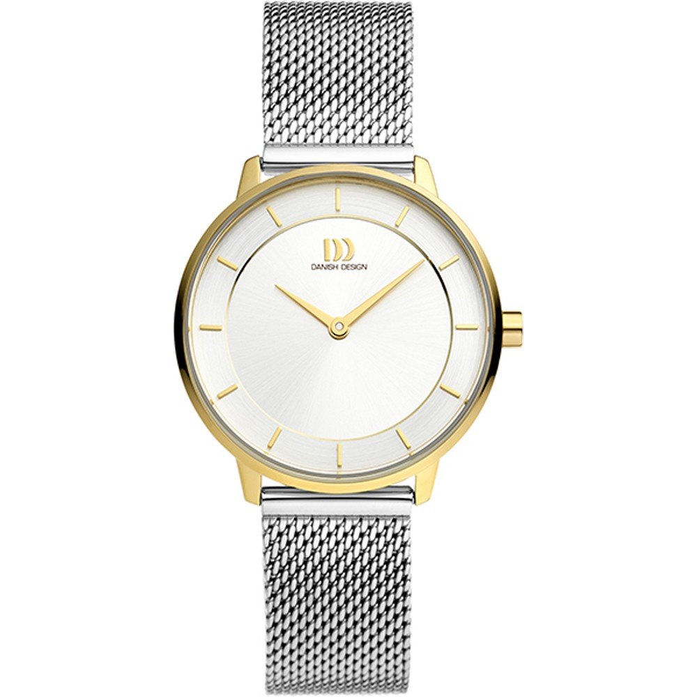 Reloj con esfera blanca, caja dorada y correa de malla plateada.