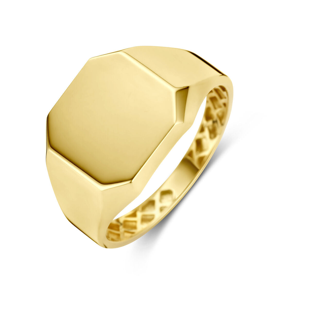 Anillo de grabado en oro amarillo de 14 quilates con forma octogonal.
