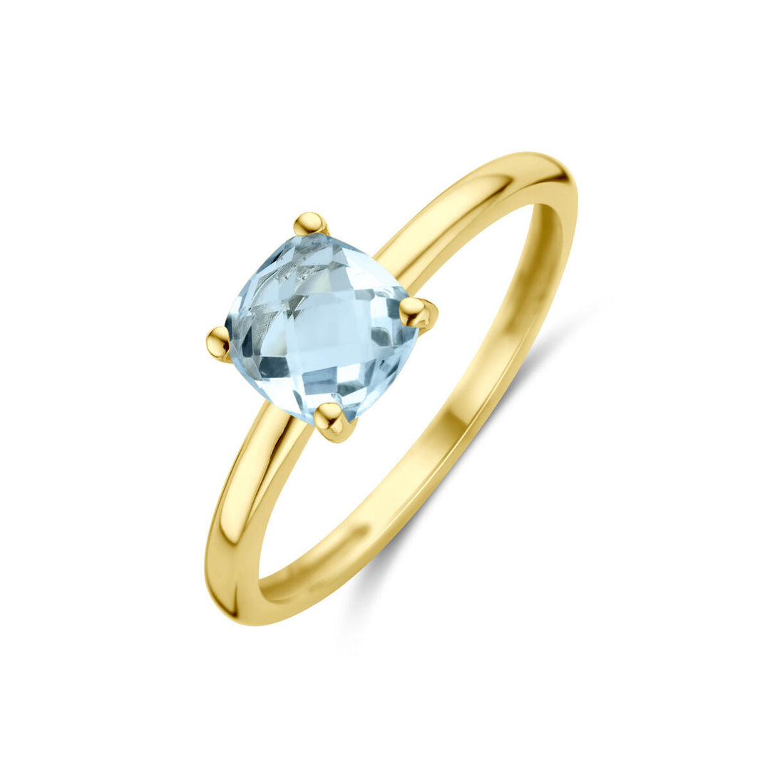 De Van der Kooij Collectie ring topaas 14K geelgoud heeft een gefacetteerde, cushion-cut blauwe edelsteen in een vierpoots zetting en wordt elegant gepresenteerd op een witte achtergrond.