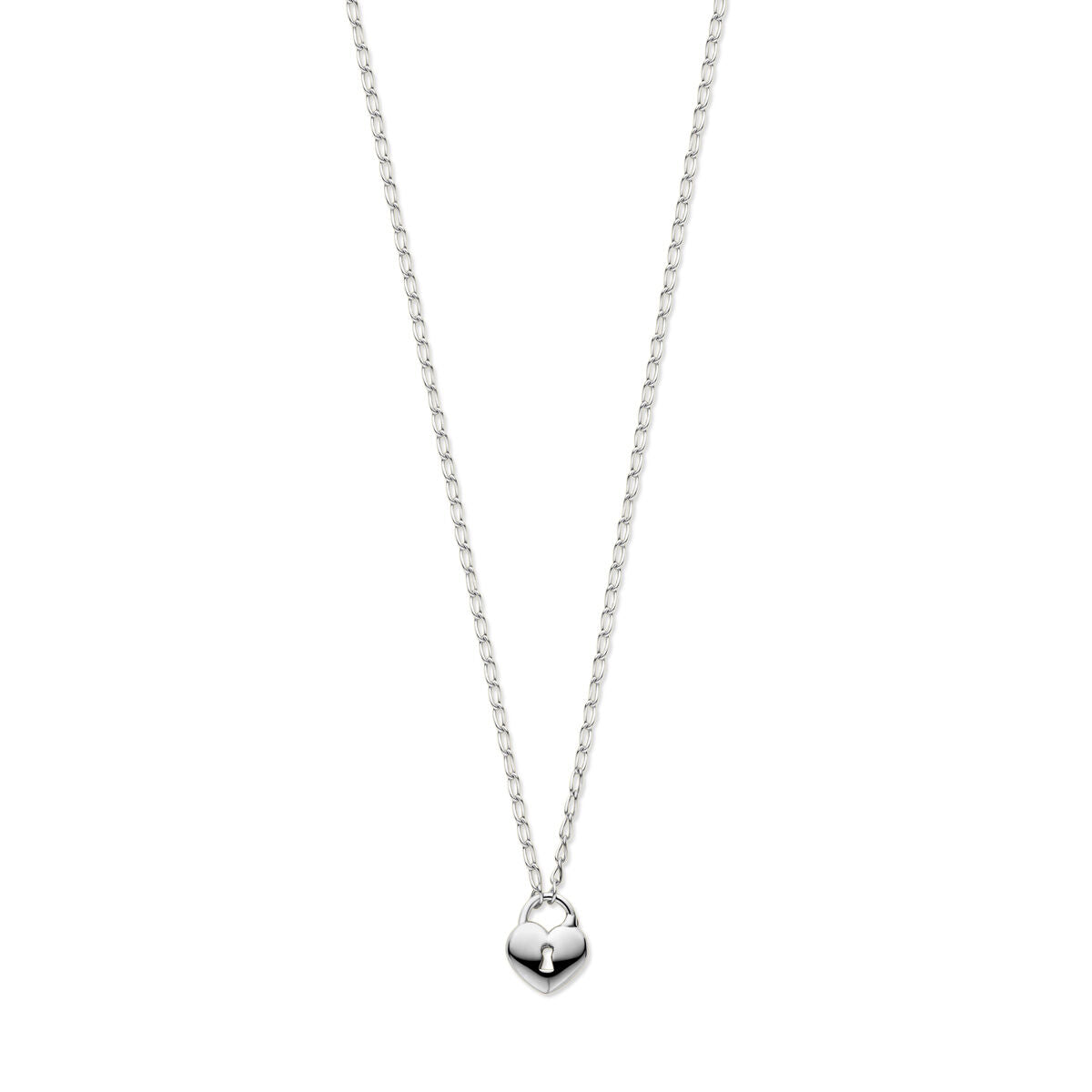 Cadena de plata con colgante en forma de corazón y candado, acabado en rodio.