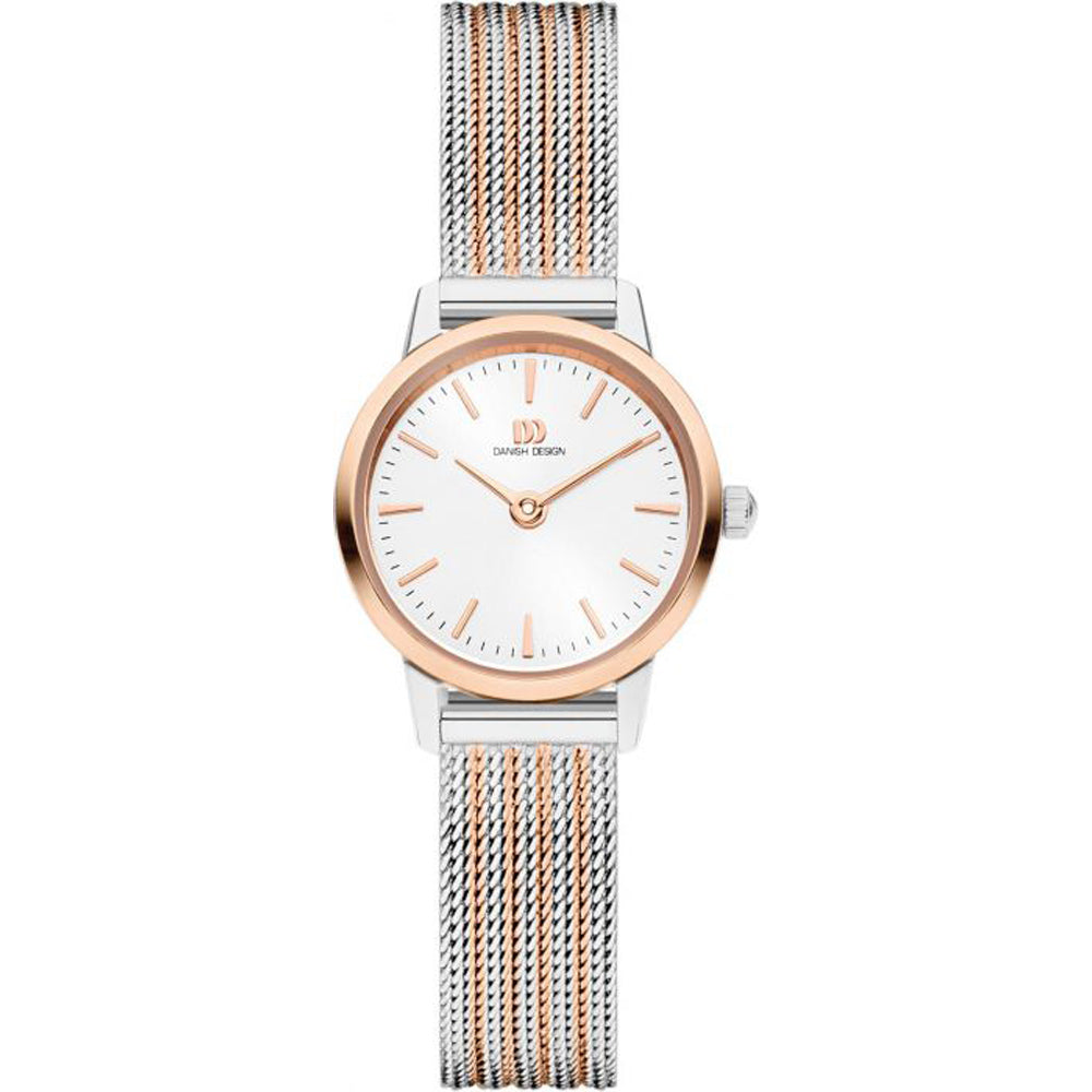 Reloj con esfera blanca, caja de acero inoxidable plateado y detalles en rosa, correa de malla metálica.