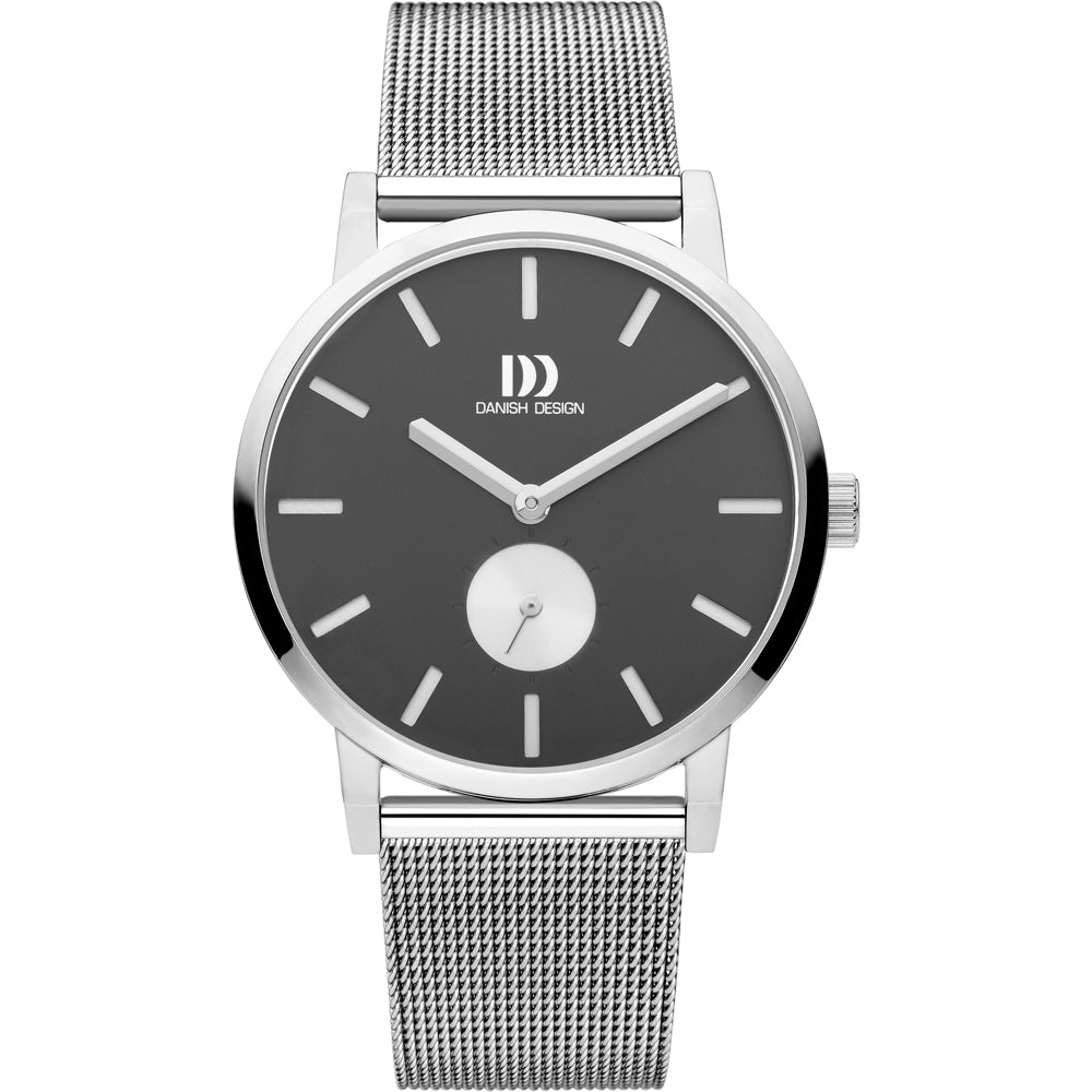Reloj de hombre con esfera gris, caja plateada y correa de malla metálica.