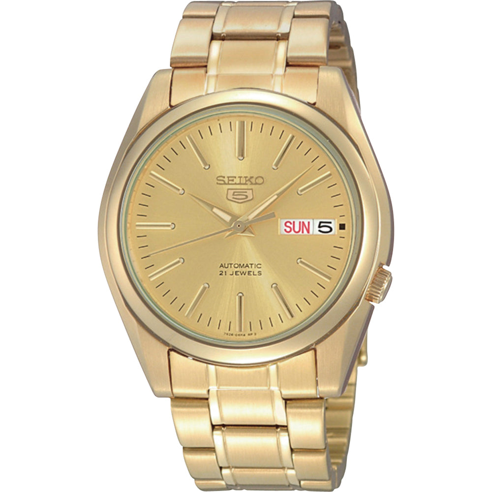 Reloj de hombre Seiko con esfera dorada, caja y pulsera de acero inoxidable dorado, automático.