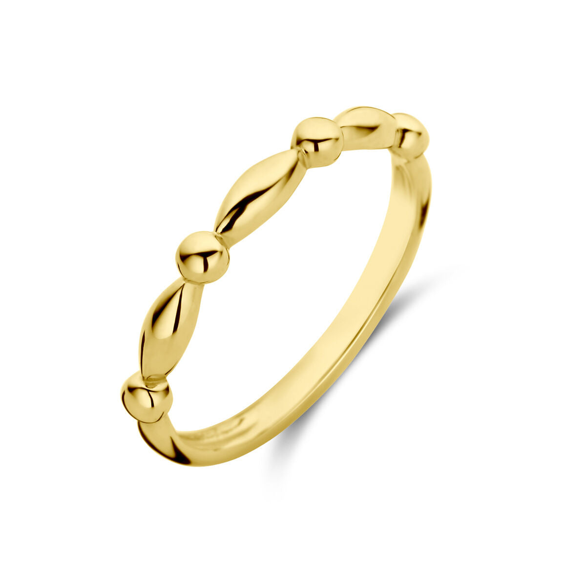 Anillo de oro amarillo de 14 quilates con diseño de esferas y formas ovaladas.