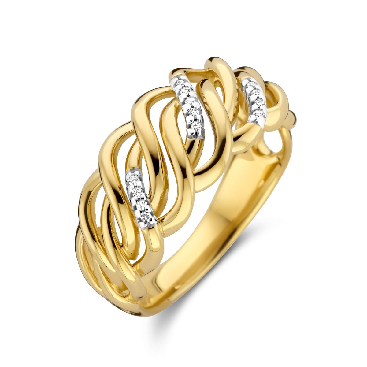 Anillo de oro amarillo de 14K con diseño entrelazado y diamantes de 0.04ct.