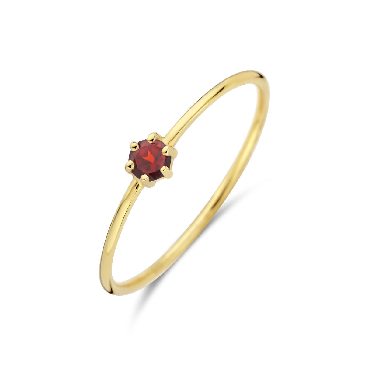 Anillo de oro amarillo de 14 quilates con piedra de nacimiento granate roja.