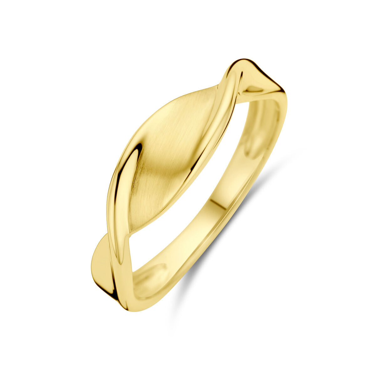 Anillo de oro amarillo de 14K con acabado pulido y mate, con diseño en forma de hoja.