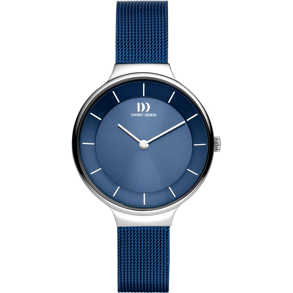 Reloj con esfera azul y correa de malla metálica azul, acabado brillante y diseño minimalista.