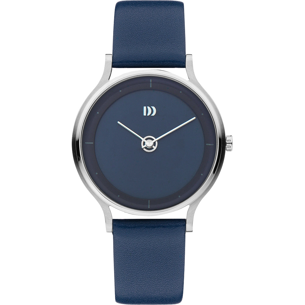 Reloj con esfera azul y correa de piel azul, caja plateada y manecillas plateadas.