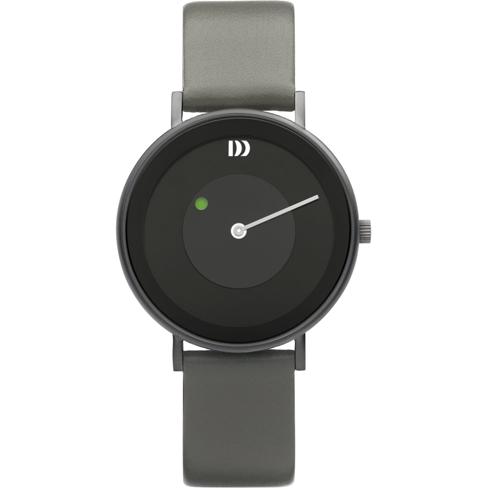 Reloj con esfera negra, correa de silicona gris y diseño minimalista.