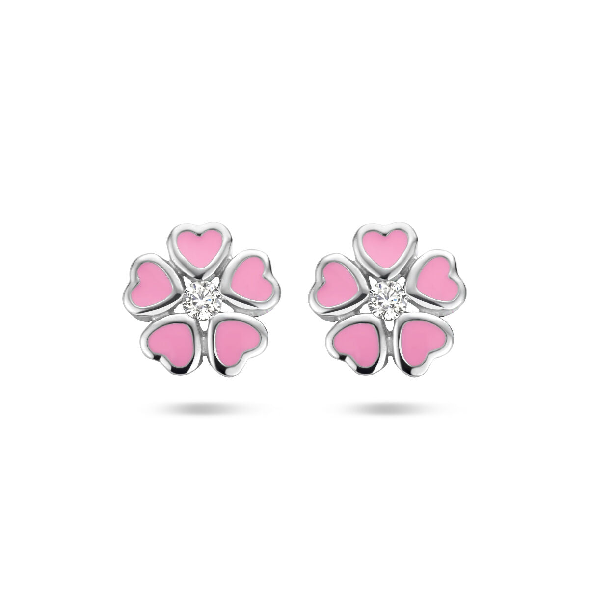 Pendientes de flor con circonitas, plateados y rhodinados, con pétalos rosas.