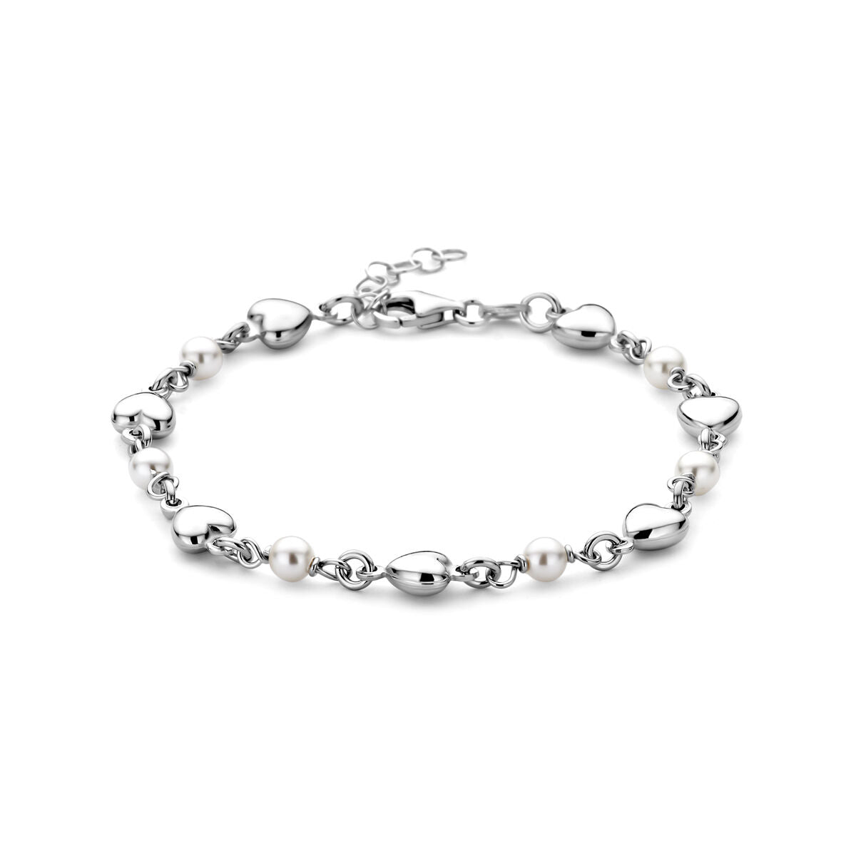 Pulsera de plata con corazones y perlas de Swarovski, acabada en rodio.