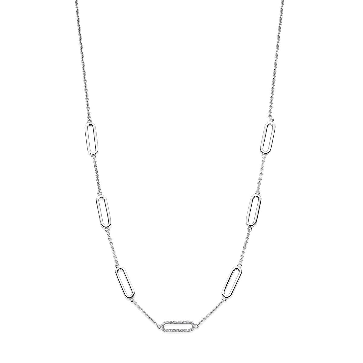 Collar de plata rodiada con eslabones alargados y detalles de circonitas.