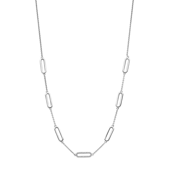 De Van der Kooij Collectie collier zirkonia (42 + 3 cm) is een gerhodineerde zilveren ketting met zes ovale schakels, waarvan het middelste subtiel is bezet met fonkelende zirkonia voor een elegante uitstraling.