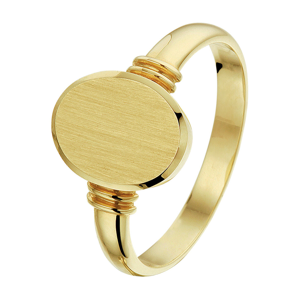 Anillo de oro amarillo de 14K, acabado mate y diamanteado, con forma ovalada y detalles en el aro.
