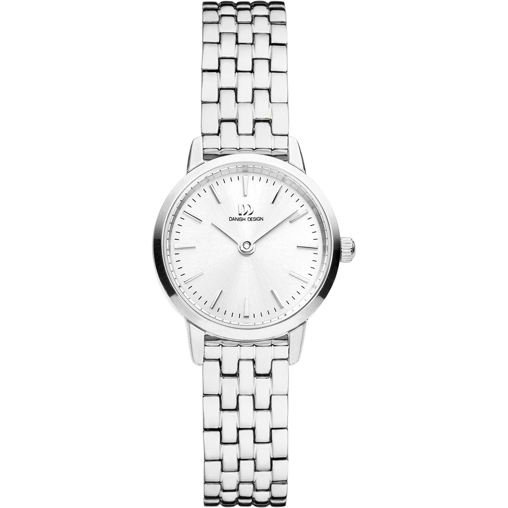 Reloj de esfera blanca con correa de acero inoxidable y diseño de eslabones.