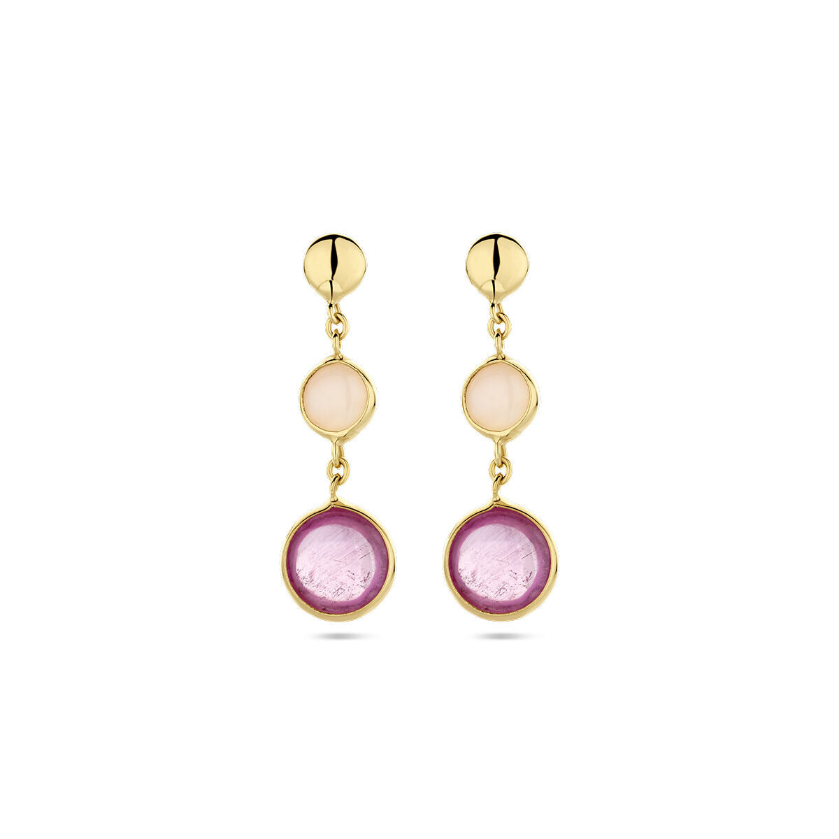 Pendientes largos de oro amarillo de 14K con rubí rosa y ópalo rosa.