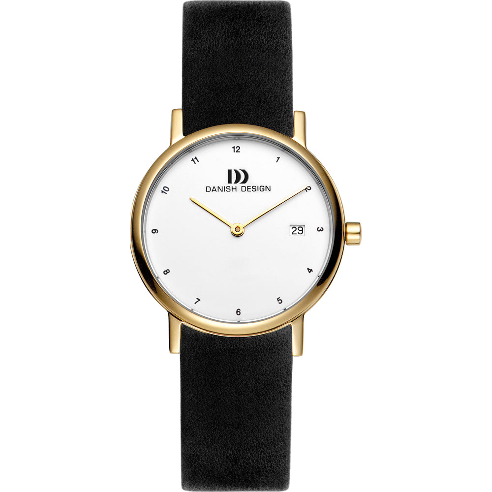 Reloj de esfera blanca con caja dorada y correa de cuero negra.