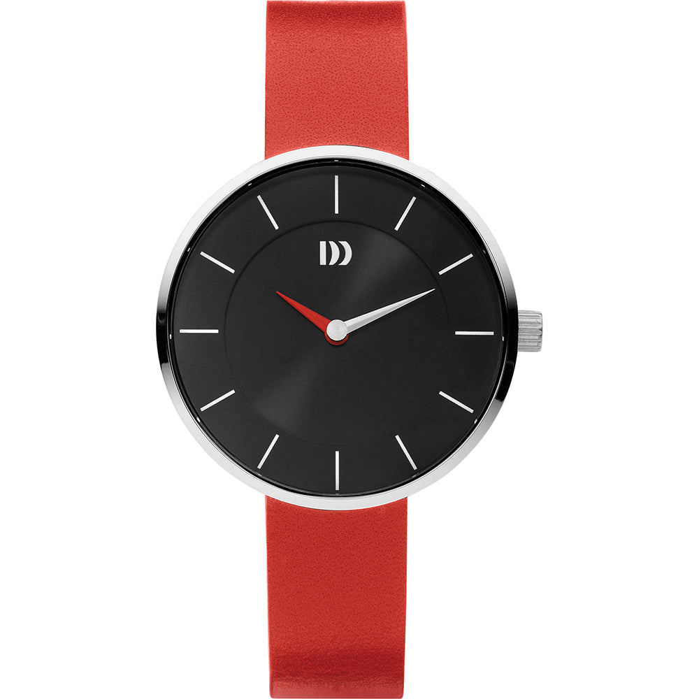 Reloj con esfera negra, correa de cuero roja y detalles plateados.
