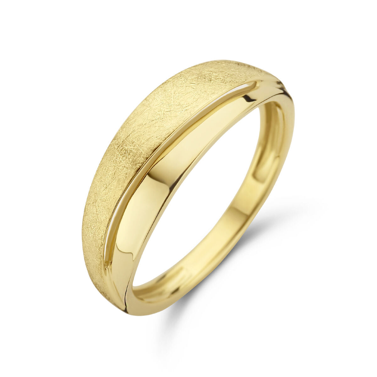 Anillo de oro amarillo de 14K con acabado pulido y mate, de forma ovalada.