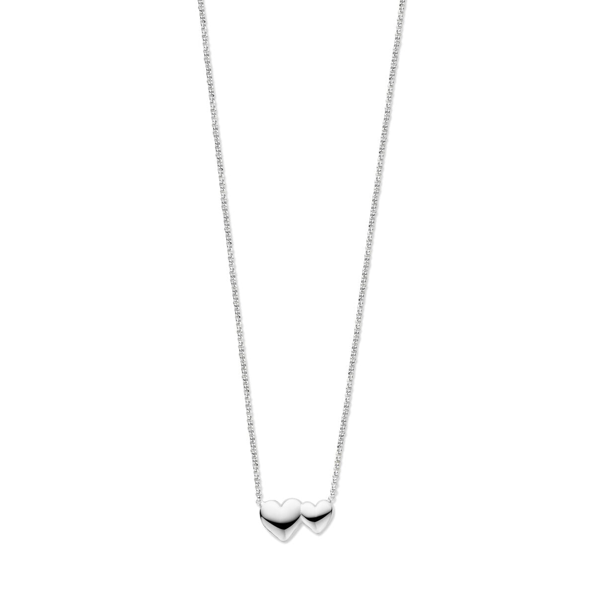 Collar de plata rodiada con dos corazones entrelazados, longitud de 41 + 4 cm.