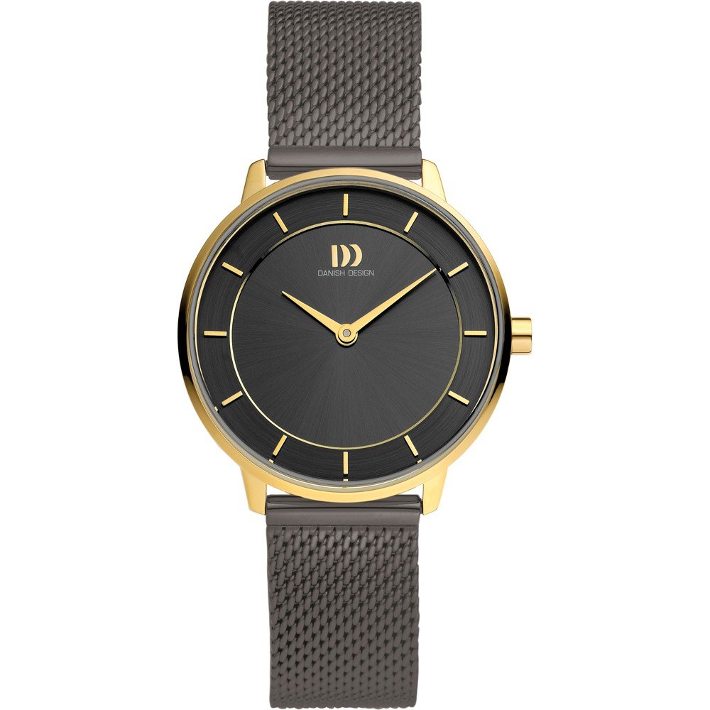 Reloj con esfera negra, caja dorada y correa de malla gris.