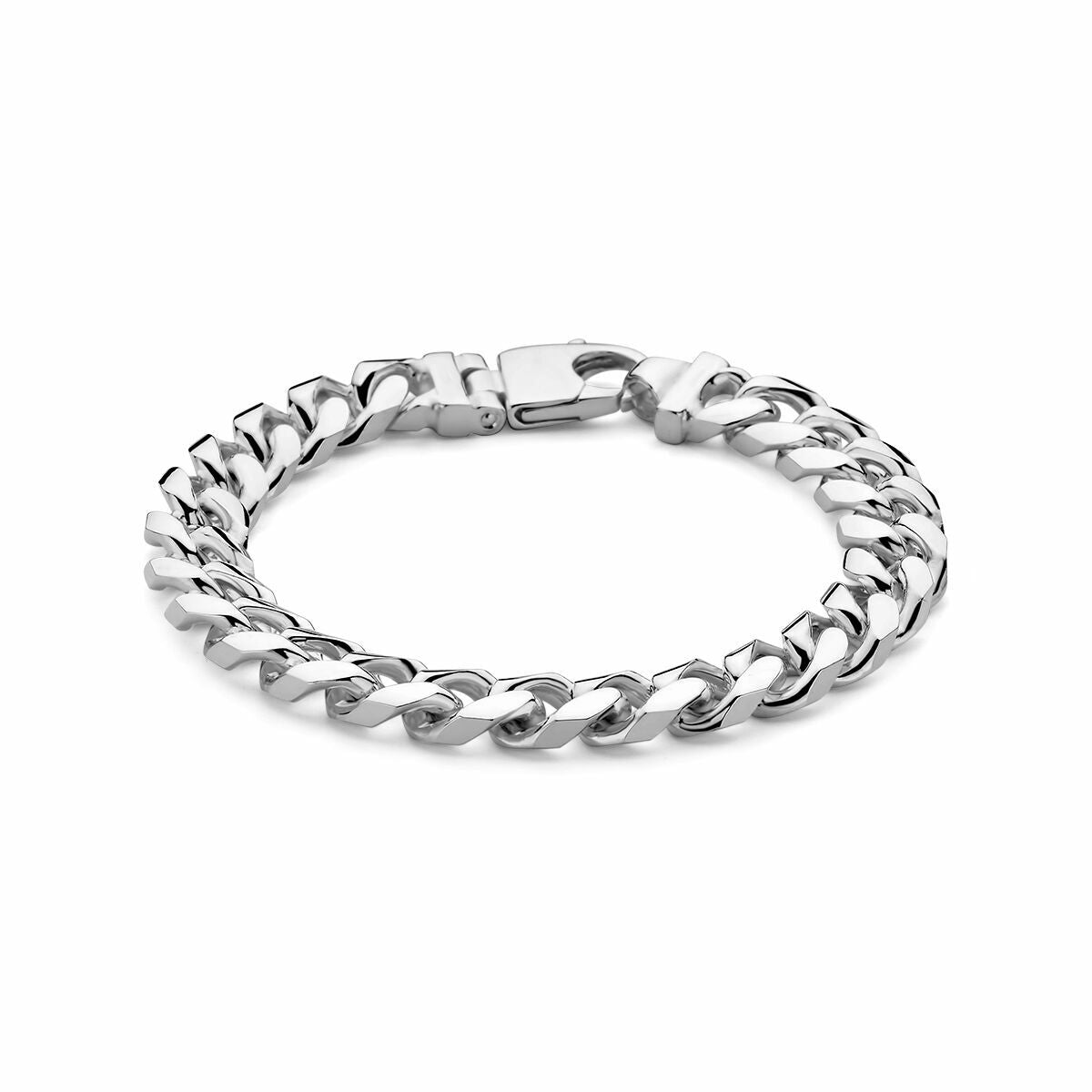 Pulsera de hombre gourmette de 10 mm en plata brillante con eslabones entrelazados.