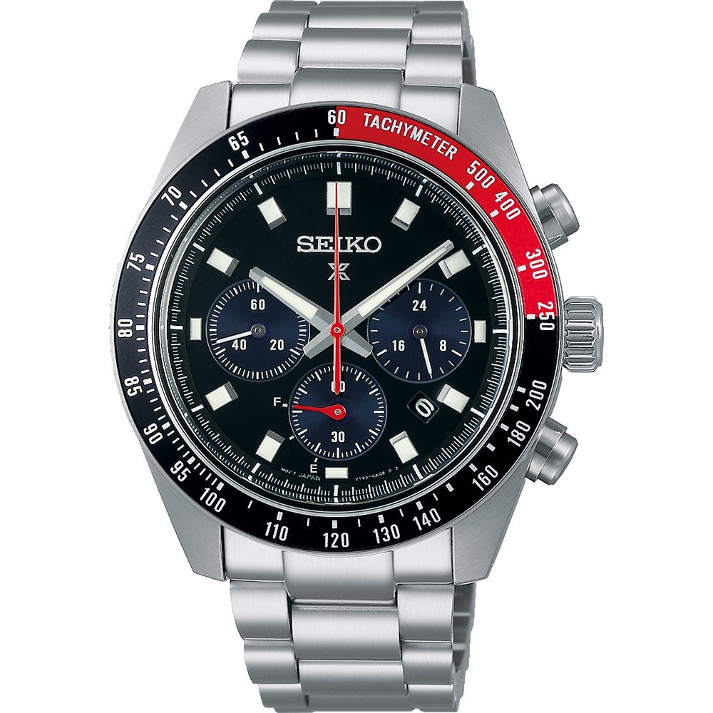 Reloj de hombre Seiko Prospex con caja de acero inoxidable, esfera negra y detalles rojos.