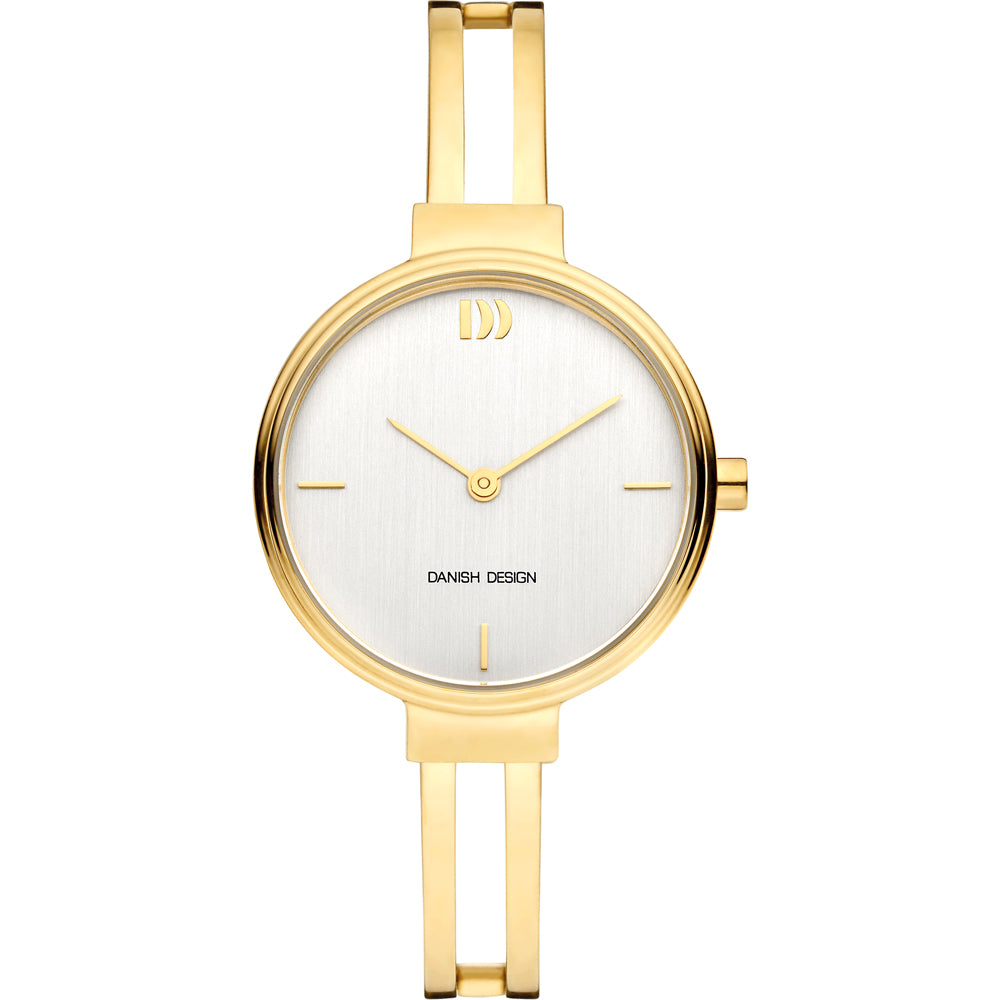 Reloj de esfera dorada con correa metálica, acabado brillante y detalles minimalistas.