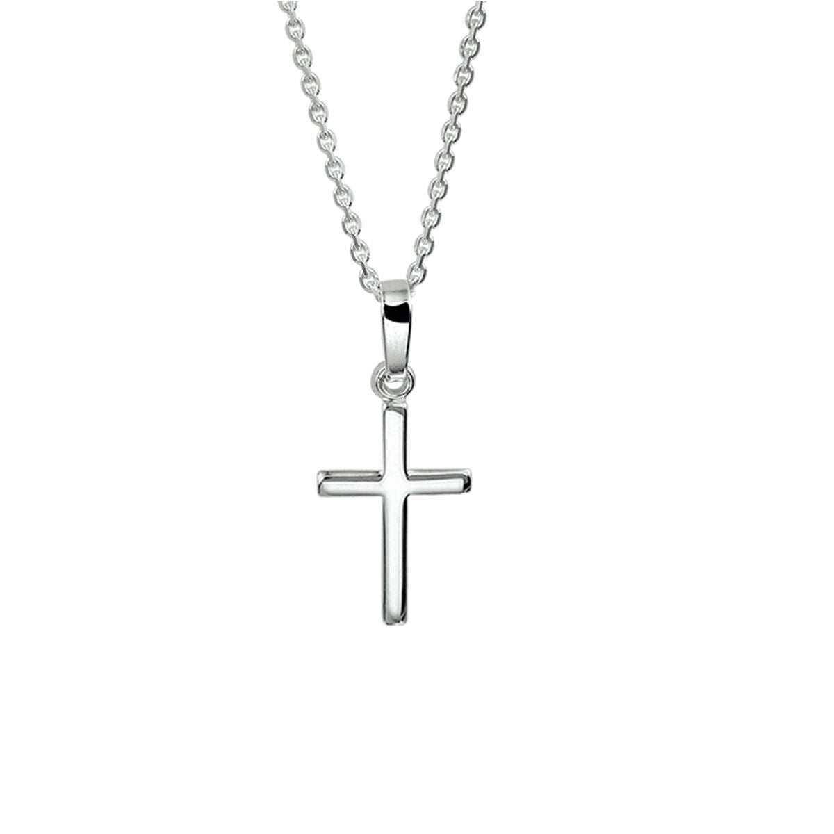 Collar de plata rhodium con colgante en forma de cruz, cadena fina y brillante.