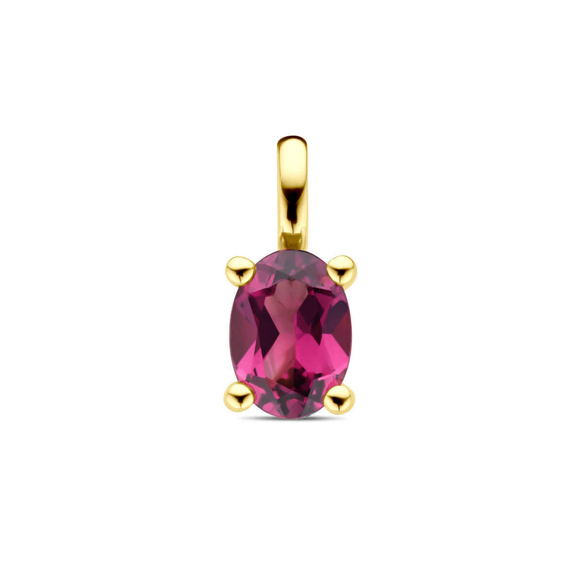 Colgante de rodolita rosa en oro amarillo de 14K con un diseño ovalado y engaste de cuatro garras.