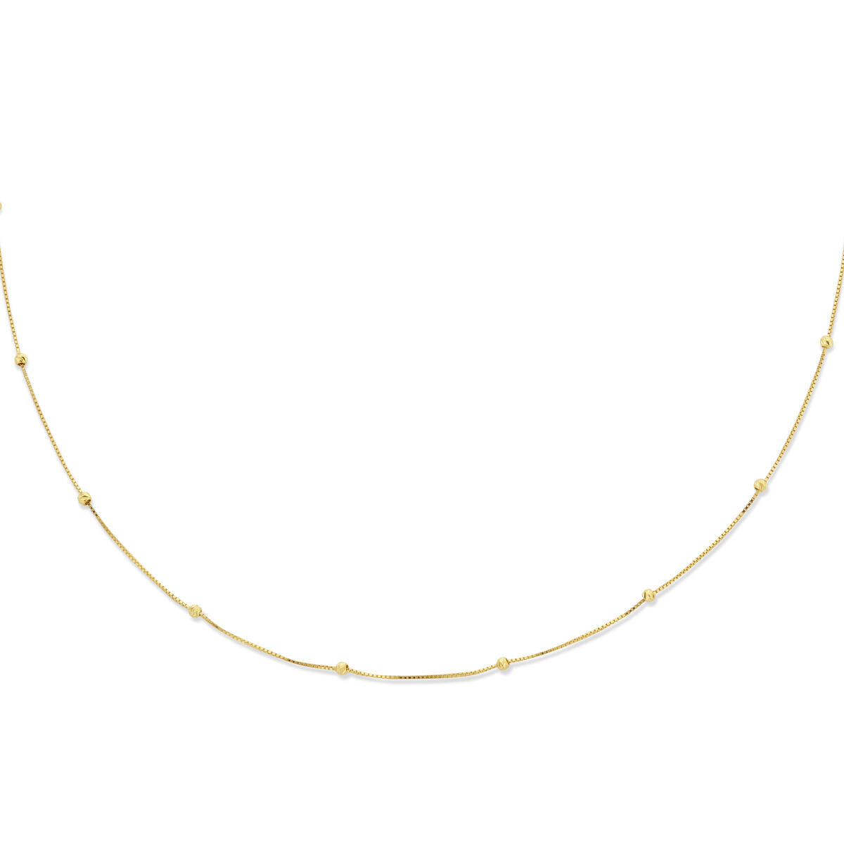 Collar de bolitas en oro amarillo de 14K con detalles diamantados, longitud de 42 a 45 cm.