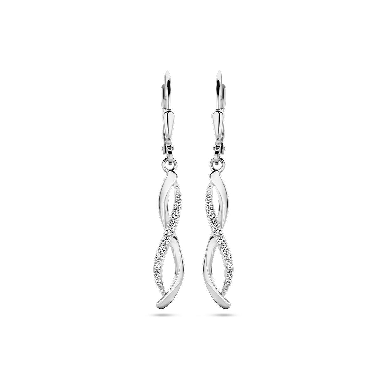 Pendientes largos de plata rhodium con zircón, en forma de espiral.