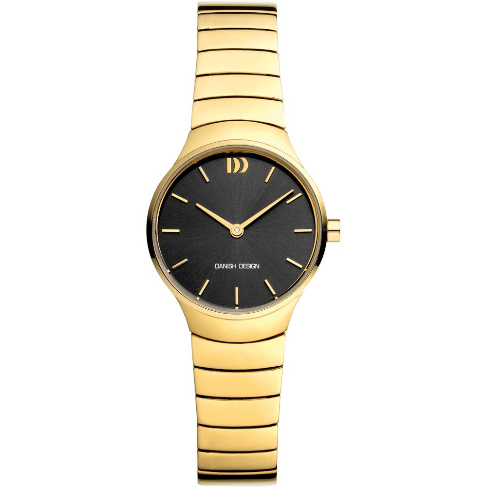 Reloj de mujer con esfera gris, caja dorada y correa de eslabones dorados.