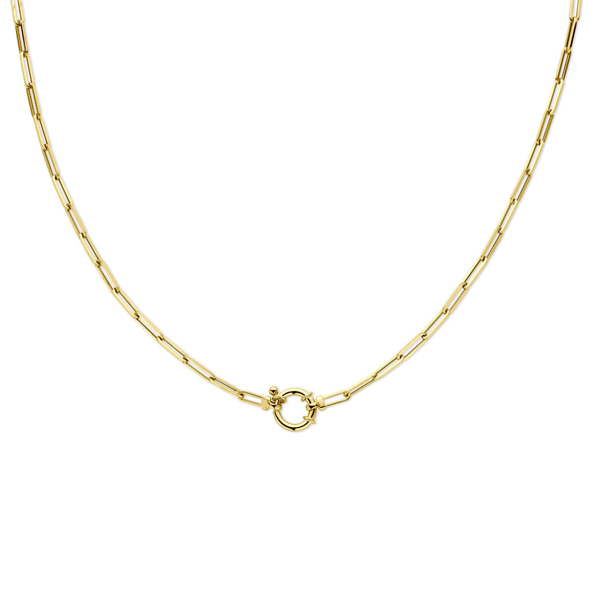 Collar de eslabones tipo paperclip en oro amarillo de 14K, con cierre de resorte grande y longitud de 45 cm.