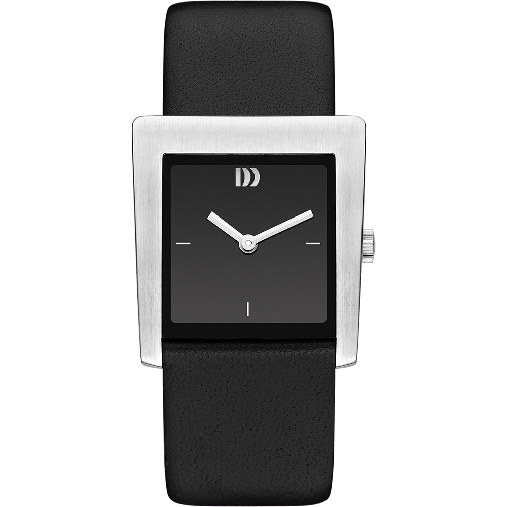 Reloj cuadrado con caja plateada y esfera negra, correa de cuero negra.