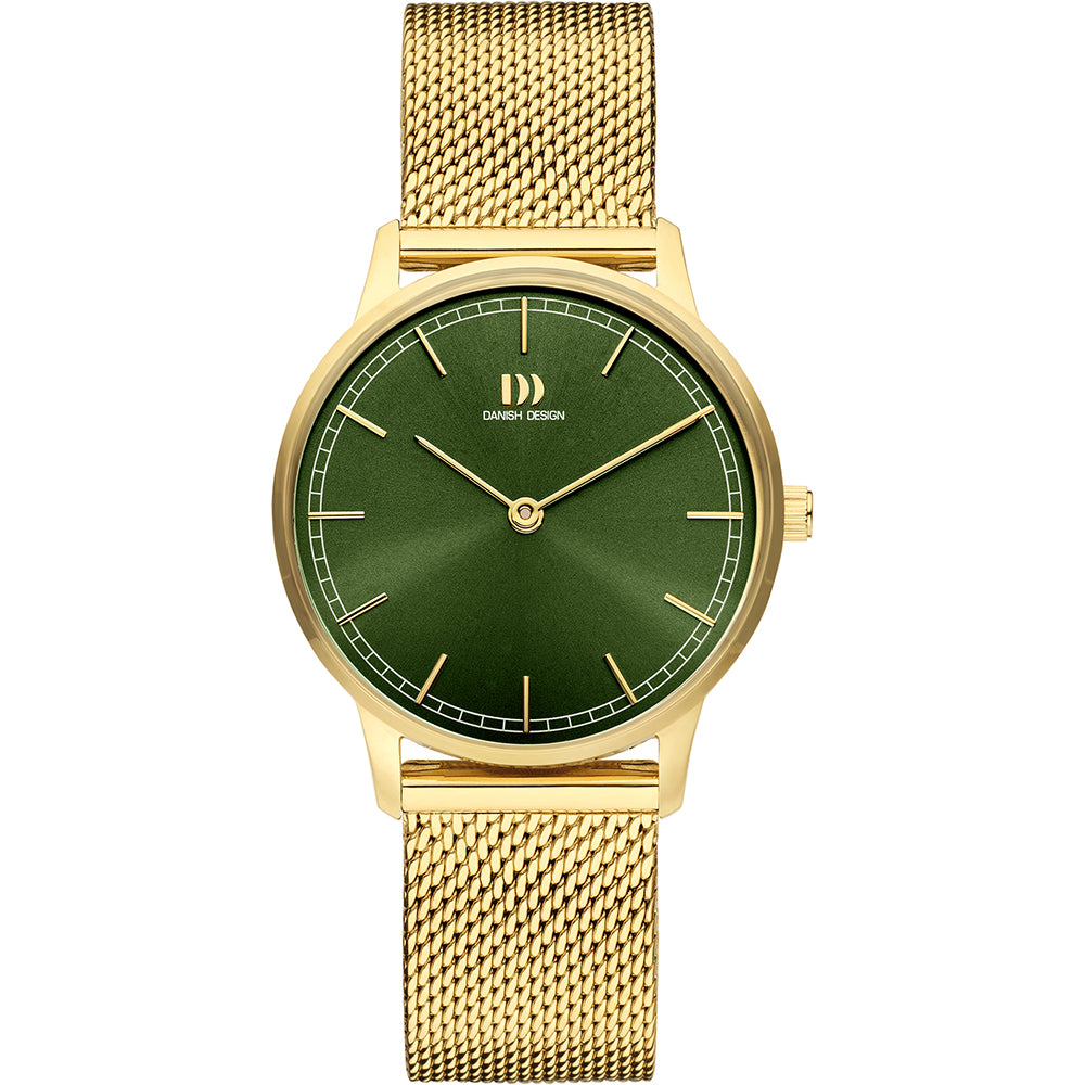 Reloj con esfera verde y correa de malla dorada, diseño minimalista y elegante.