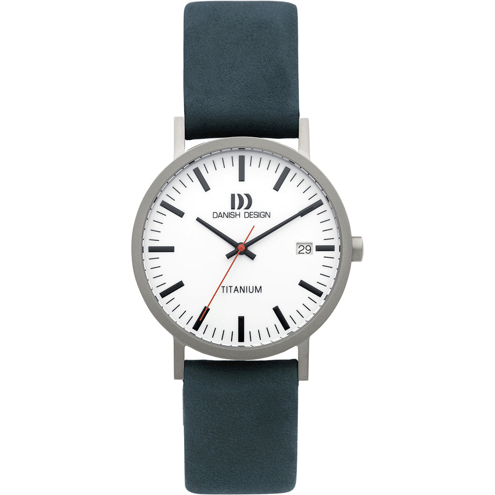 Reloj de titanio con esfera blanca, correa de silicona negra y detalles en negro y rojo.