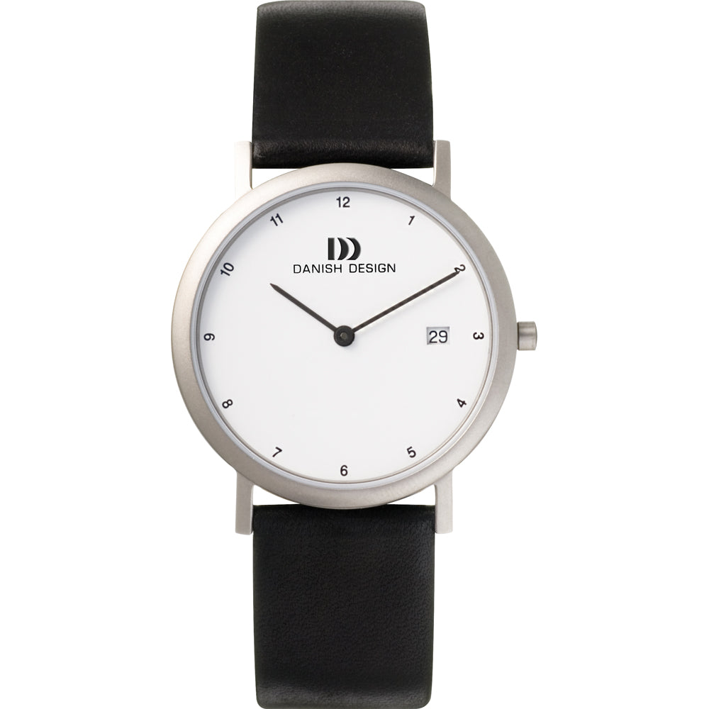 Reloj de esfera blanca con correa de cuero negra y caja de acero inoxidable.