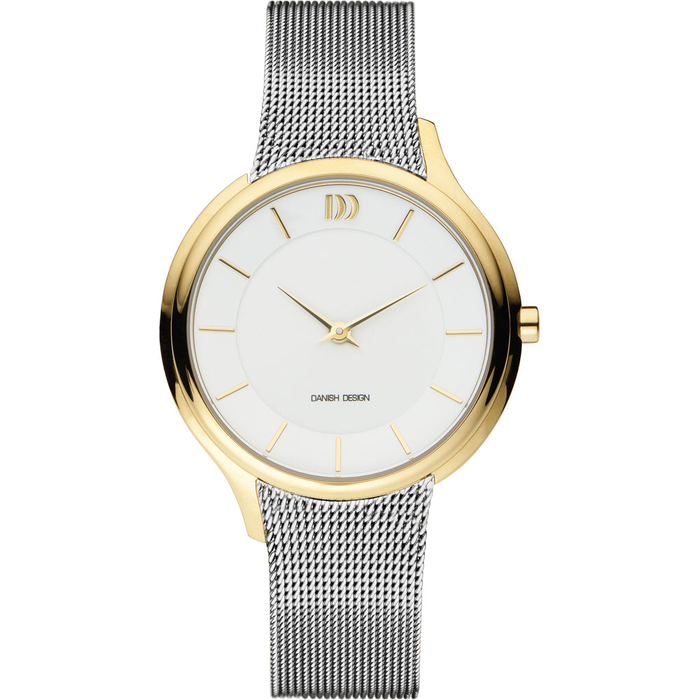Reloj con esfera blanca, caja dorada y correa de malla plateada.