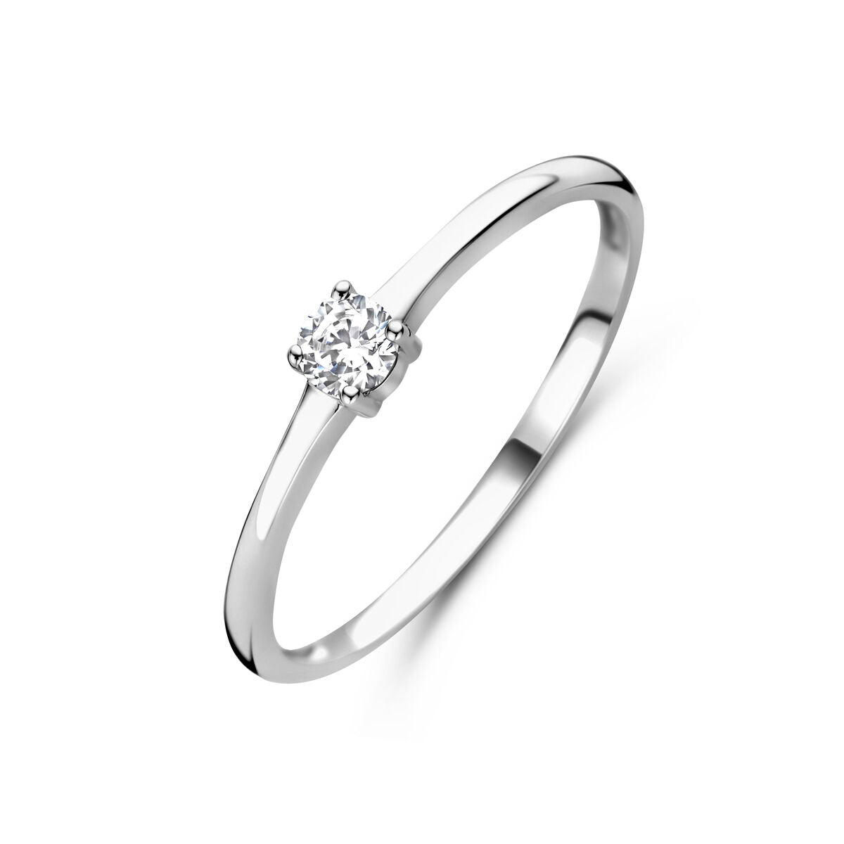 Anillo de plata rodiada con piedra de nacimiento de cz de abril, diseño sencillo y brillante.